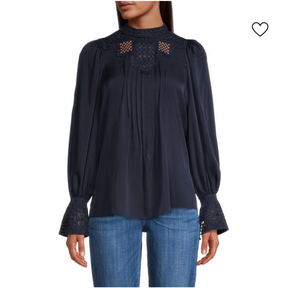 Kobi Halperin Corey Silk Embroidered Blouse Navy Blue Long Sleeves Top Large - Picture 1 of 11